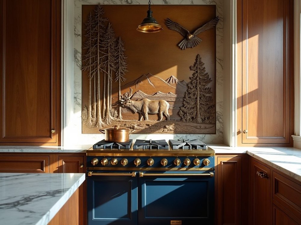 A bronze relief installed above a range in a kitchen.