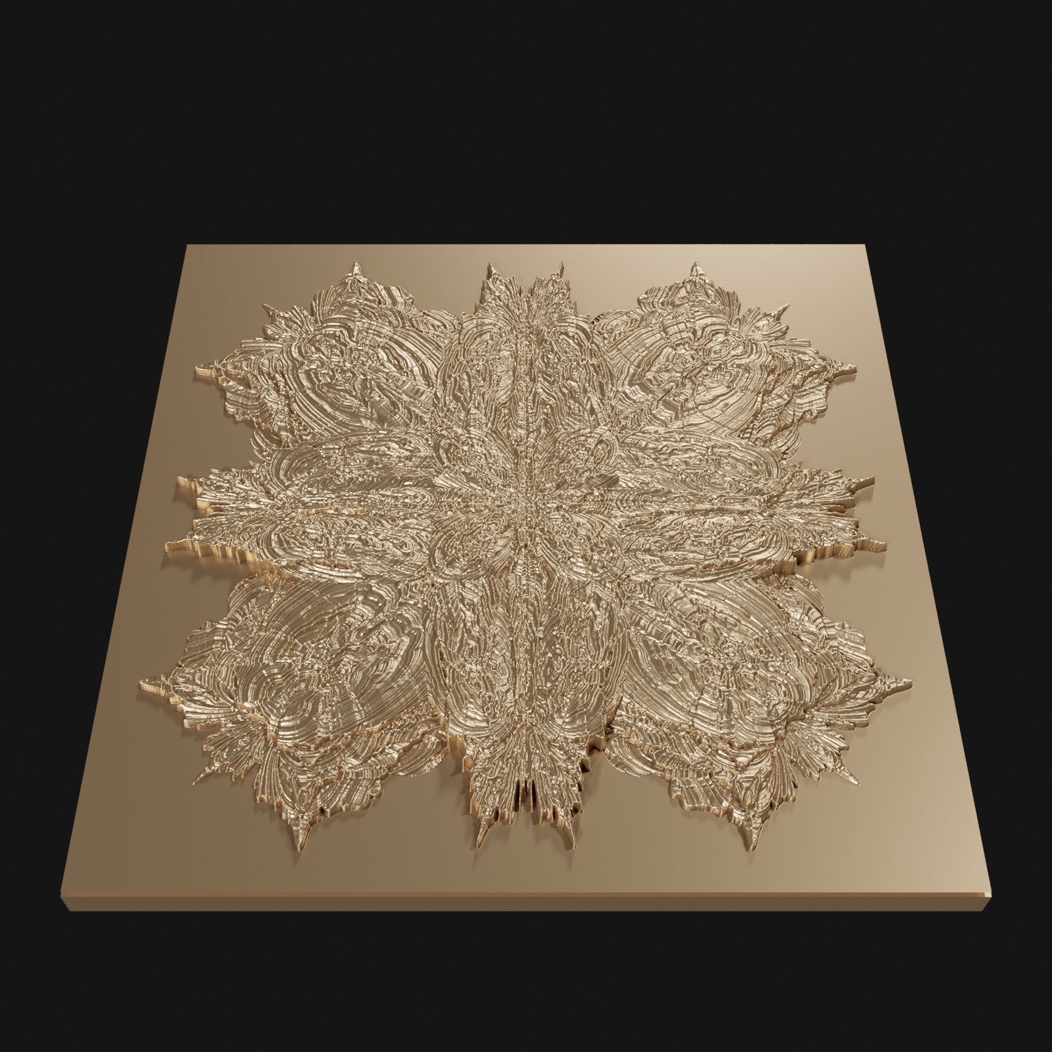 A cast bronze relief tile lit from a low angle, its carved pattern throwing deep shadow.